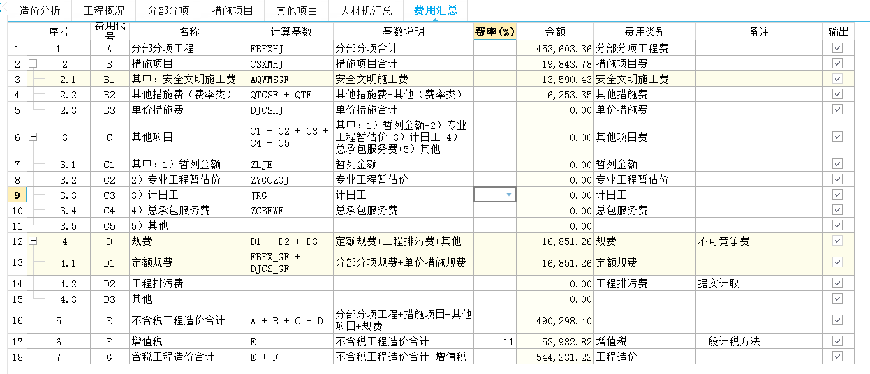 计价表