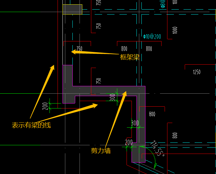 剪力墙外有一个红线表示又一圈加宽的梁请问这个量怎么画