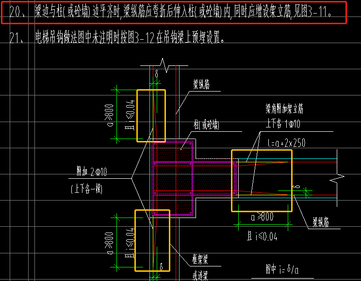 梁边与砼墙边或柱边平齐时应增设架立筋