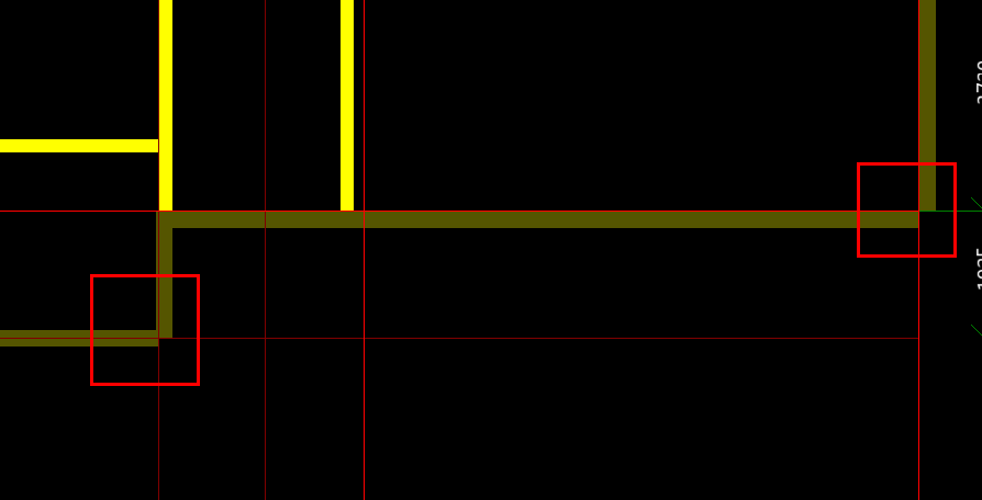 像这种位置,两道墙的交接处(墙体中心线不与轴线重合),需要将墙的顶端