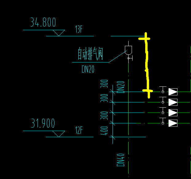2,黄线这段自动排气阀一般给多高为宜?
