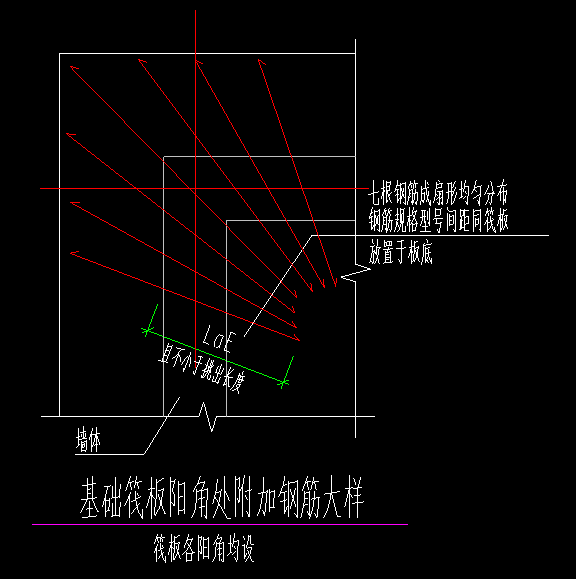 筏板阳角处布置如图所示的放射钢筋,放射筋放置板底筋