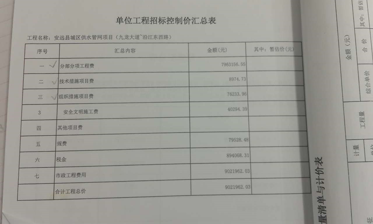 计价表