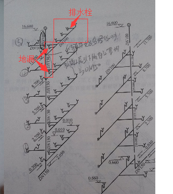 这张图纸上哪里是排水栓和地漏分别指哪呀?