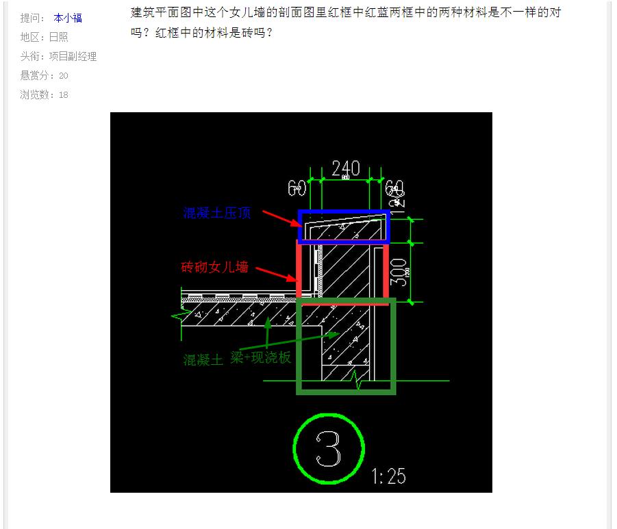 建筑平面图中这个女儿墙的剖面图里红框中红蓝两框中的两种材料是不一