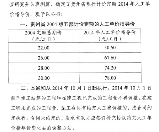 贵州463文件人工费调整比04定额增加部分