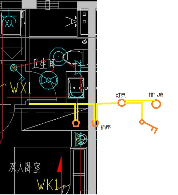 wxl4回路,卫生间里的插座灯具和换气扇,是一个回路,请问怎么连接?