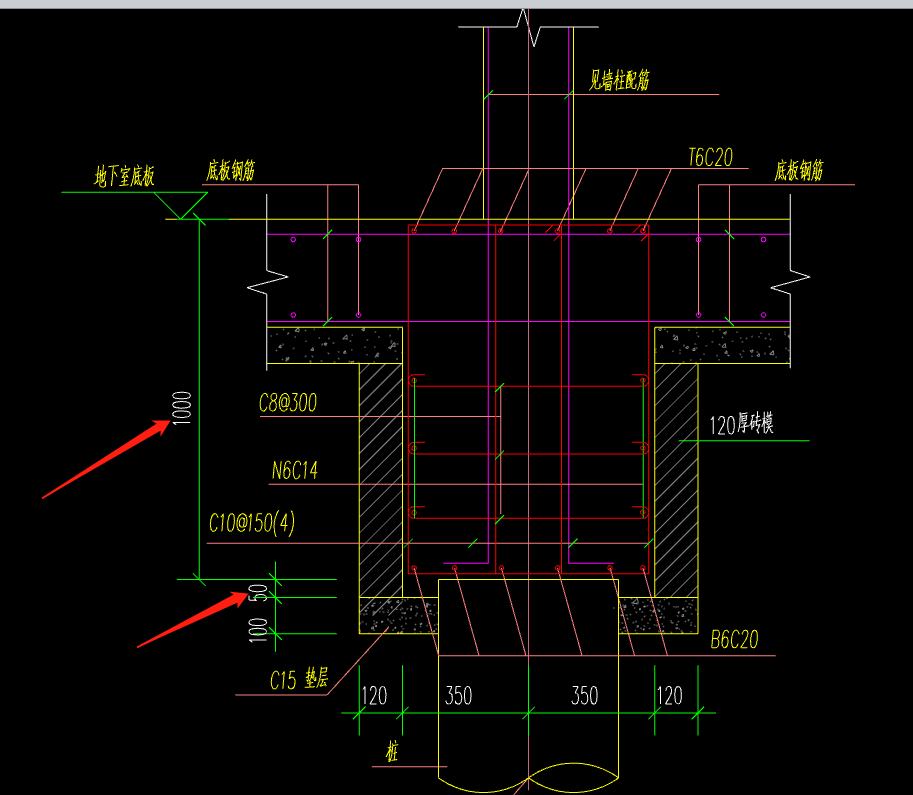 ctl的截面是1050,而承台梁的钢筋截面是1000,像这种情况怎么处理,各位