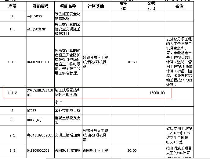 計價表