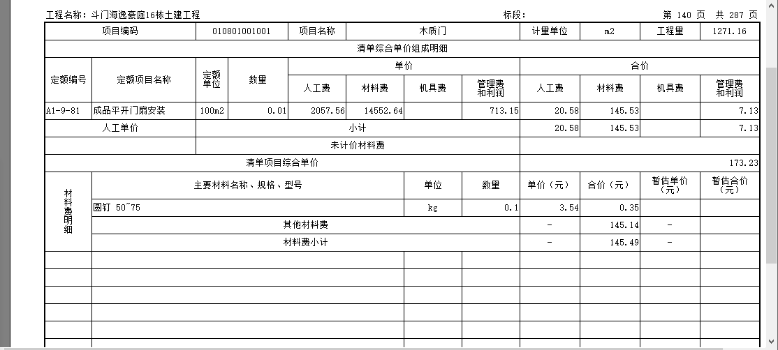 綜合單價表
