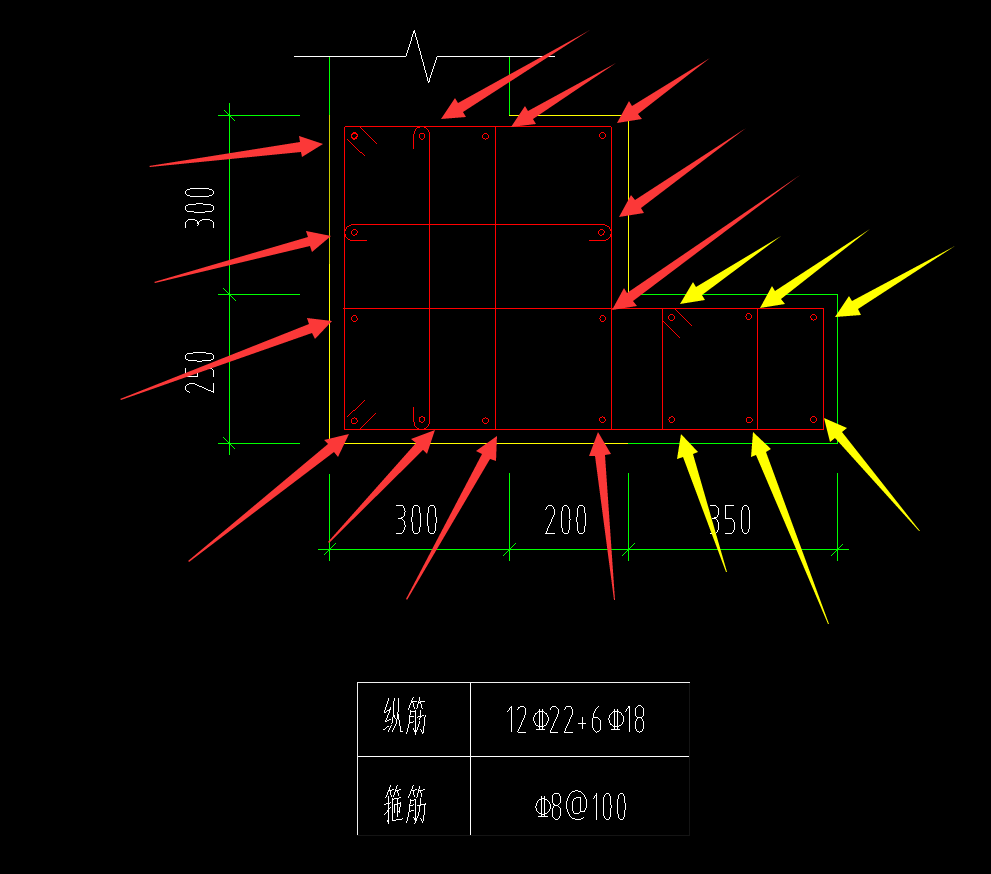 请问纵筋12c22指的是红色箭头,6c18指的是黄色箭头吗?
