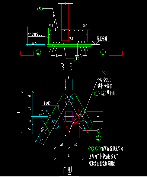 萌新求教,下面三桩承台怎么布置钢筋,谢谢
