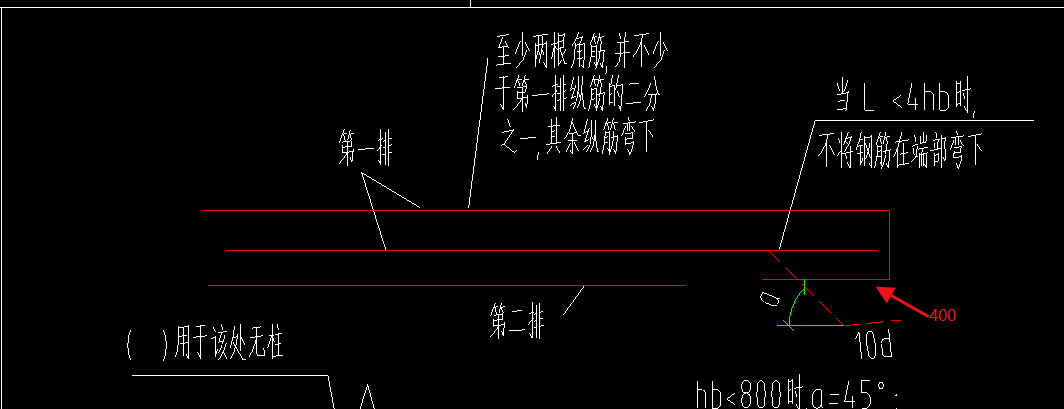 悬挑梁大样第一排钢筋弯折到底部并水平段长度为400,软件里面应该怎么