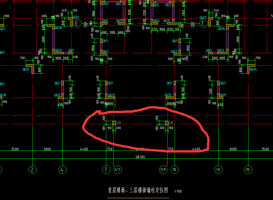 首层到三层楼面墙柱定位图代表一,二层的柱 梁图没有首层,二层梁图画
