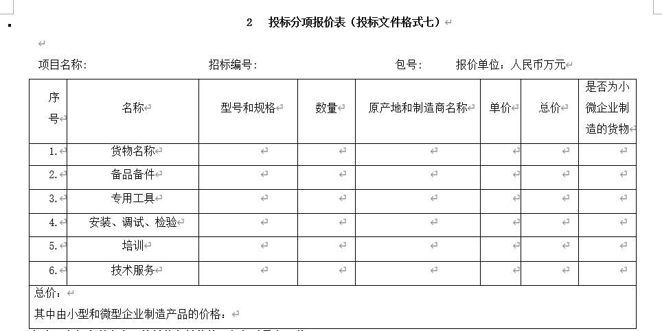 投標(biāo)分項(xiàng)報(bào)價(jià)