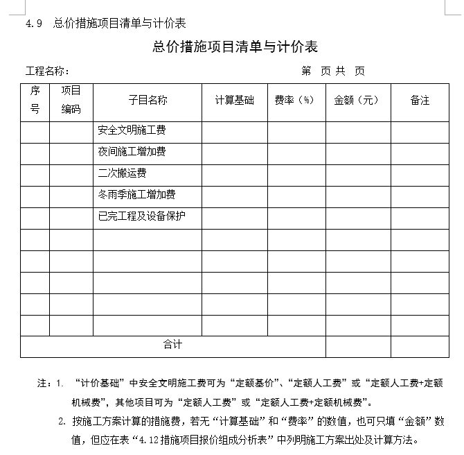 总价措施项目清单与计价表怎么填写