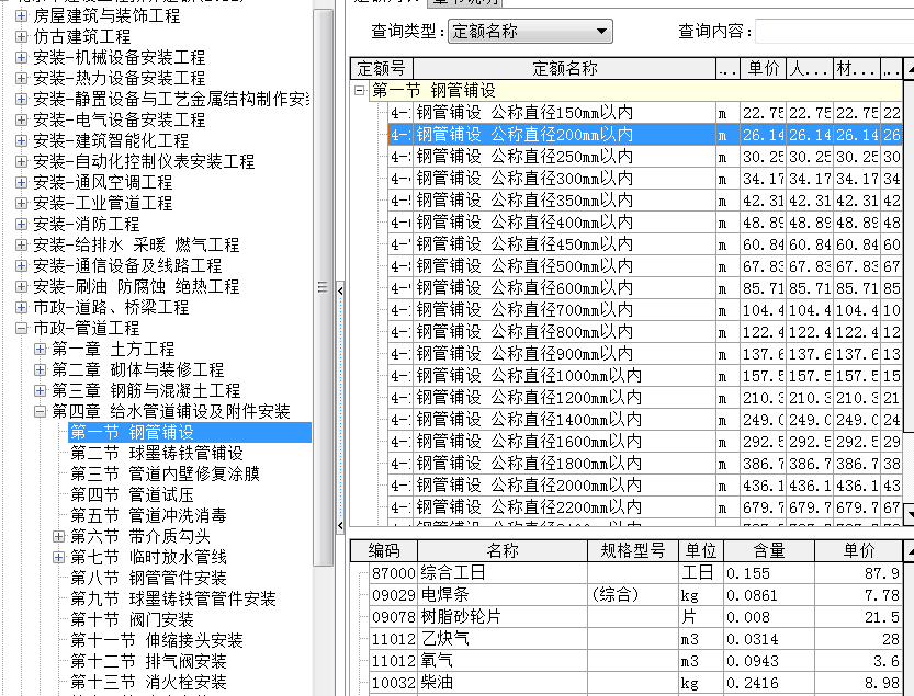 这种dn200的自来水管套那种管道定额