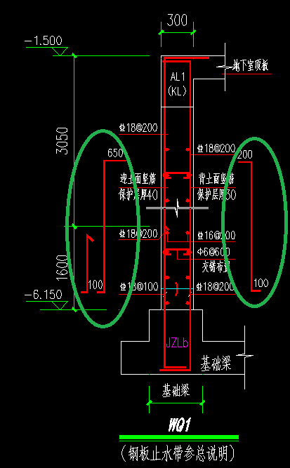 地下室外墙大样图两侧的钢筋叫什么钢筋有何作用如何布置图中绿色椭圆