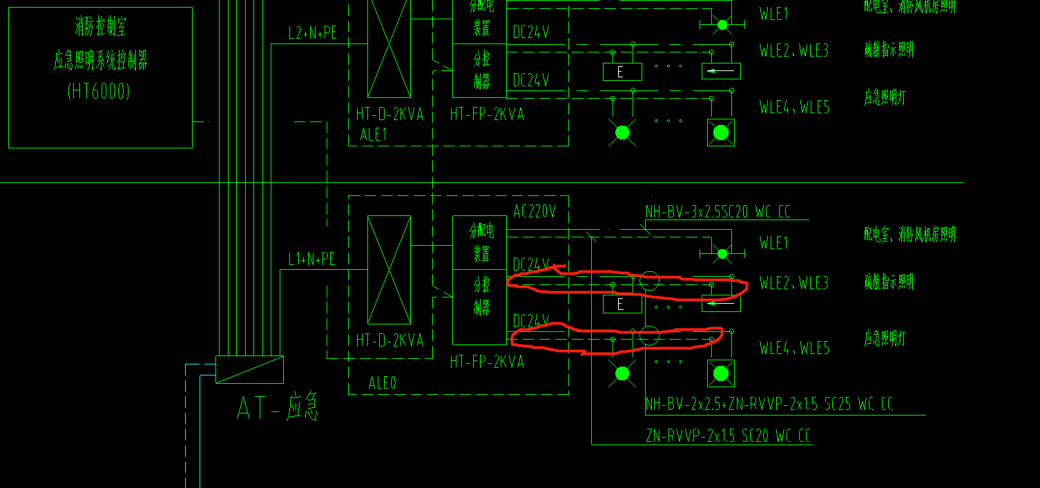 应急照明系统图里这个虚线和实线代表什么是从分控制器里面引的交流电