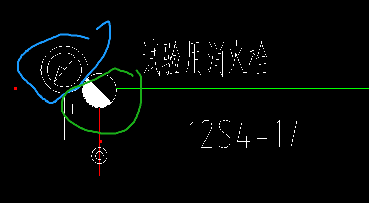 请问蓝色所圈图例是什么意思?试验用消火栓是指绿色所