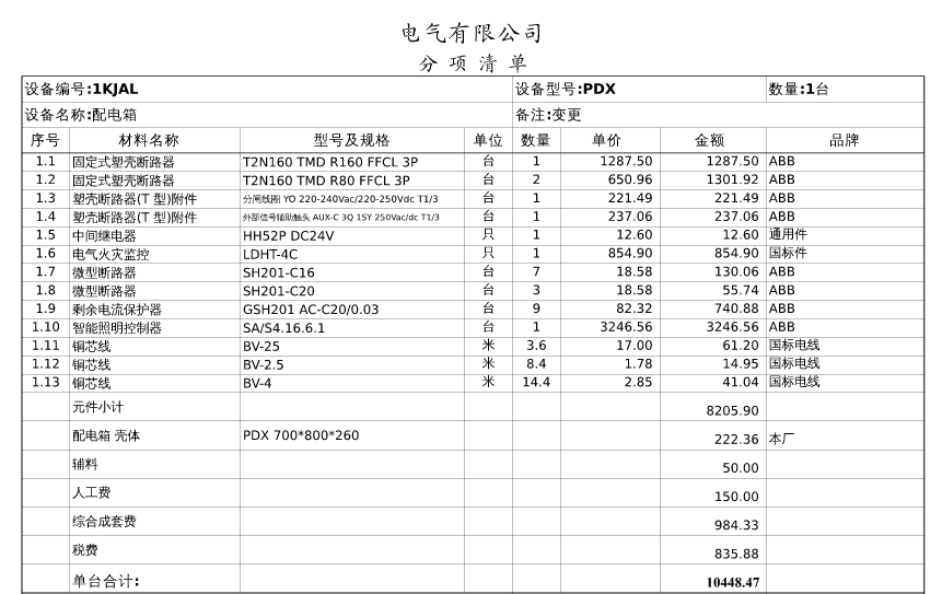 配电箱报价明细表