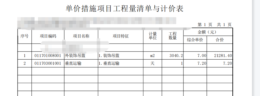 計價表