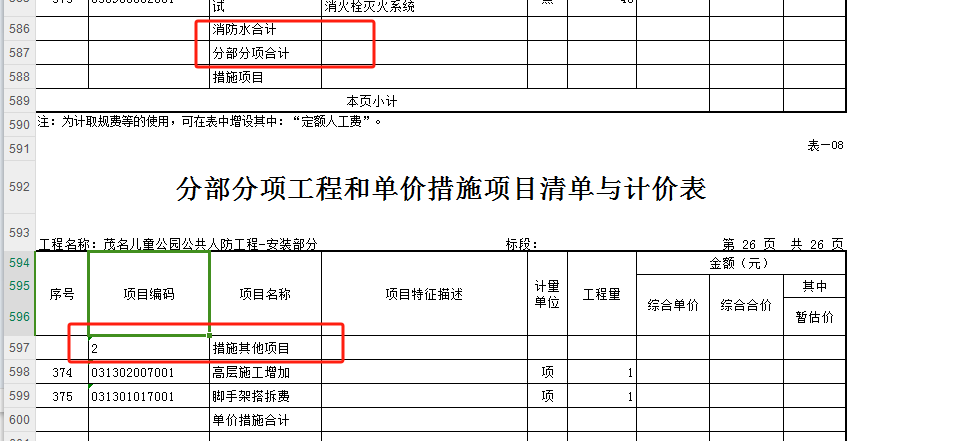 計價表