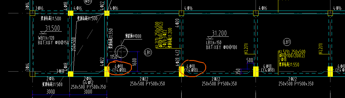 如圖圈出的有支座負筋4c18括號裡的y4c18是什麼意思是加腋的影響嗎