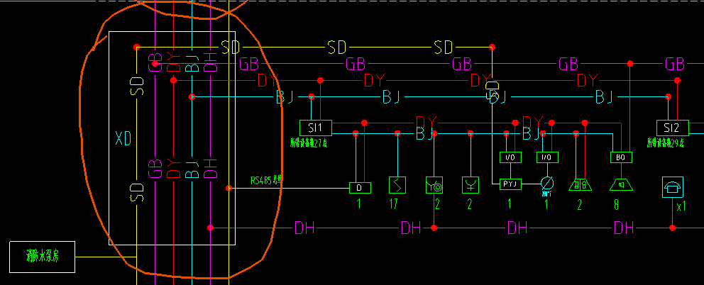 si1为短路隔离器,bo为广播控制模块,xd为消防端子箱,平面图中把它们画