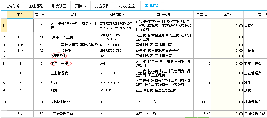 廣聯達中,2016概算定額費用匯總表中的,第二項和第三項調整費用和零星