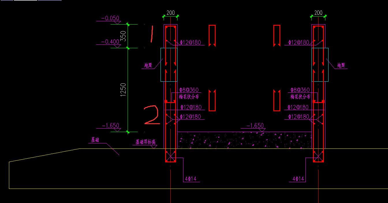 獨立基礎上電梯井牆壁的鋼筋佈置