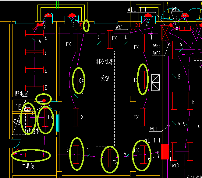 wl1迴路燈具開關如下圖弧形的虛線也是應急燈迴路的,可以按直線算.