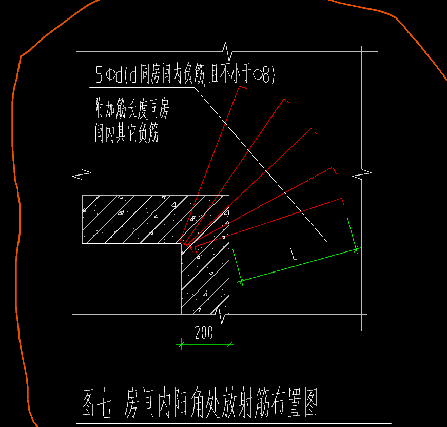 請問大神圖一中箭頭指的紅圈是樓板陽角增加放射筋圖二放射筋佈置圖中