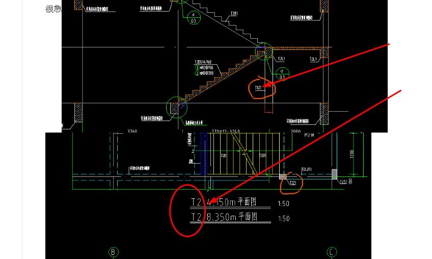 为什么这个梯柱在剖面图上是用t1z1画,平面图上是用t2z1和t2z2画呢
