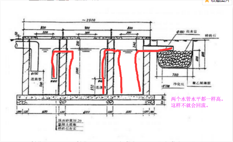 化粪池出水管这样设置不会回流吗