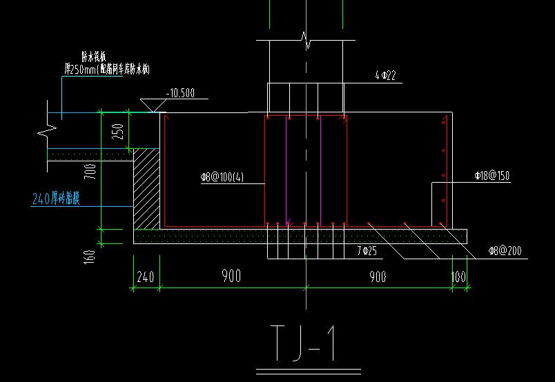 这个240厚砖胎膜和防水筏板在条基的什么部位设置