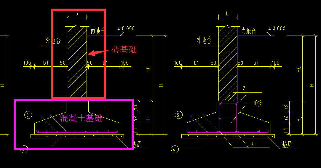 砖基础和混泥土基础怎么区分分别按图纸上的什么尺寸计算