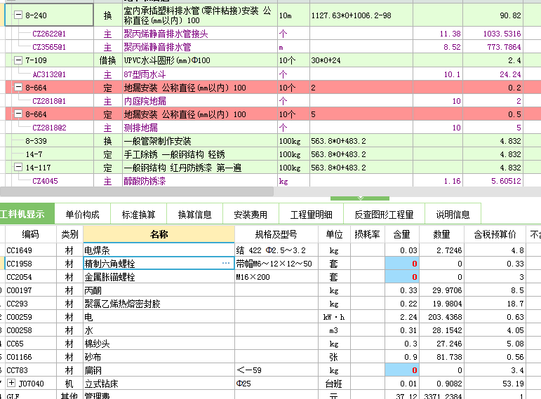 子目工料机