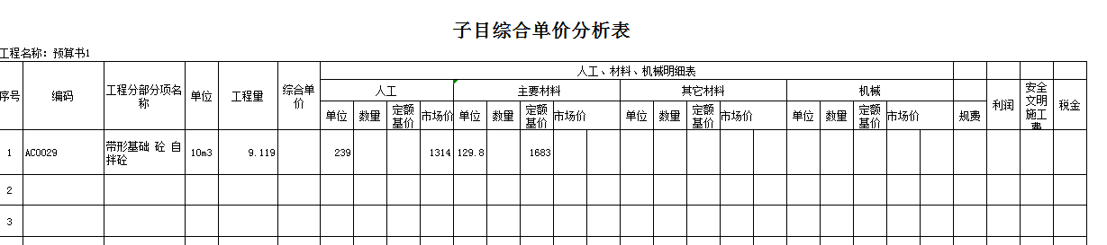 子目综合单价