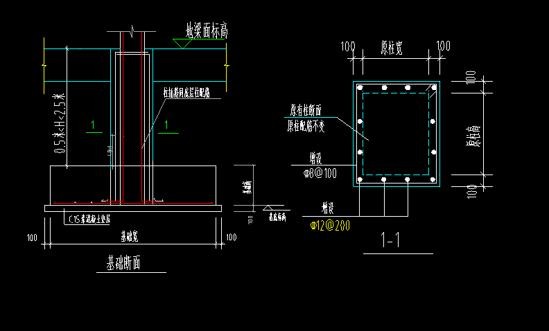请问基础至地梁顶柱截面如图加大加大部分的钢筋和混凝土怎么设置
