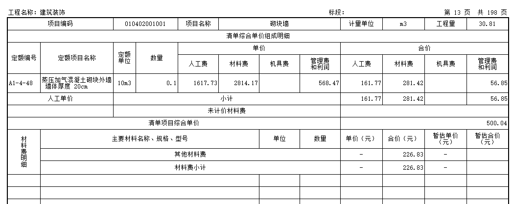 综合单价分析