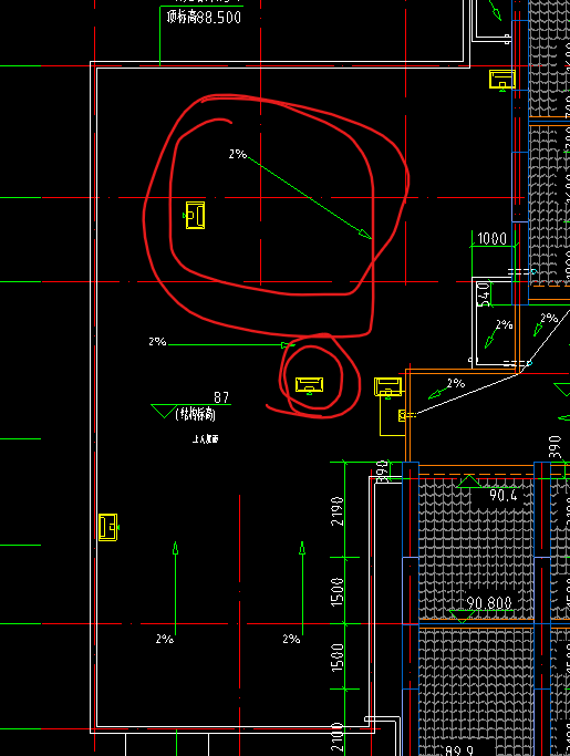 屋顶排水这个2%的坡度怎么弄    图中黄色的那个叫什么呀   该怎么画