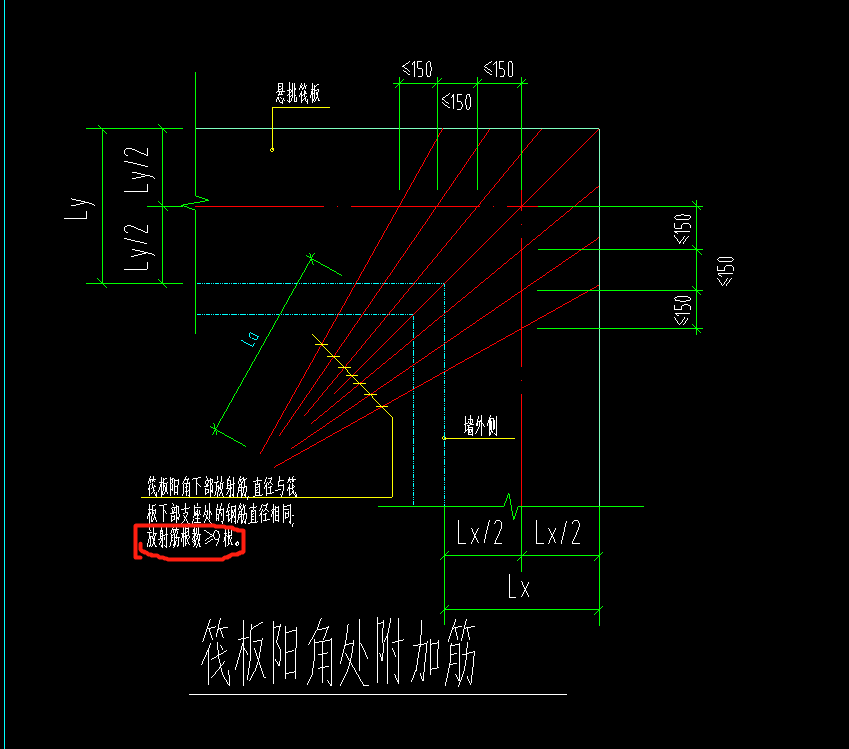 这个筏板阳角放射筋根数是几根,图上标了7根,下面又说≥9根