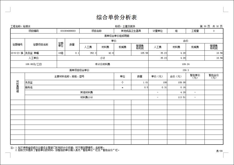 综合单价分析