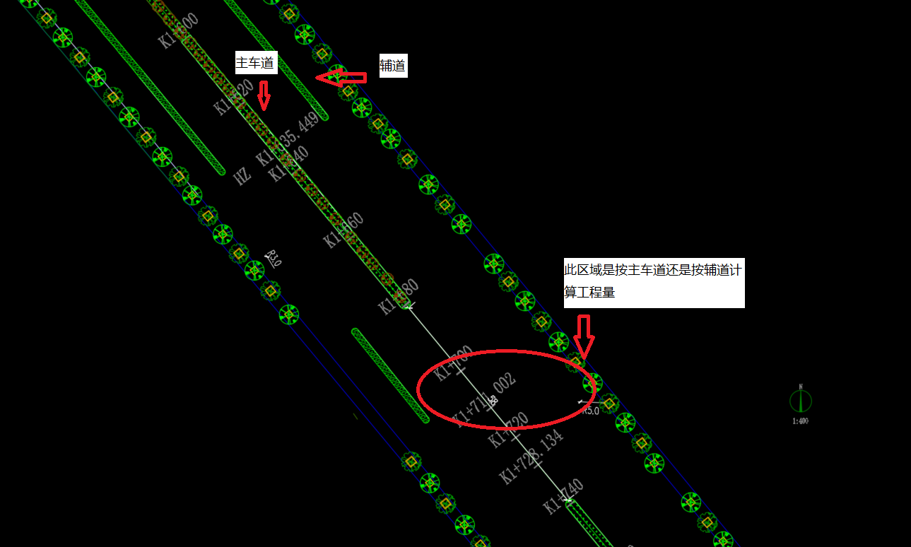 请教一下 画椭圆部分区域,就是没有绿化带部分,是按主车道计算工程量
