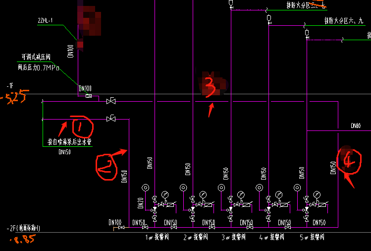地下室喷淋系统图跟水泵房这几条管线是这样对应的吗