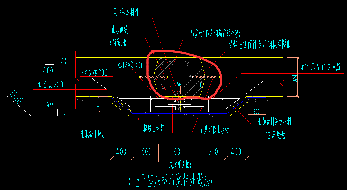 如圖,除了下沉部位的後澆帶鋼筋,我畫圈位置筏板鋼筋通長,還要額外的