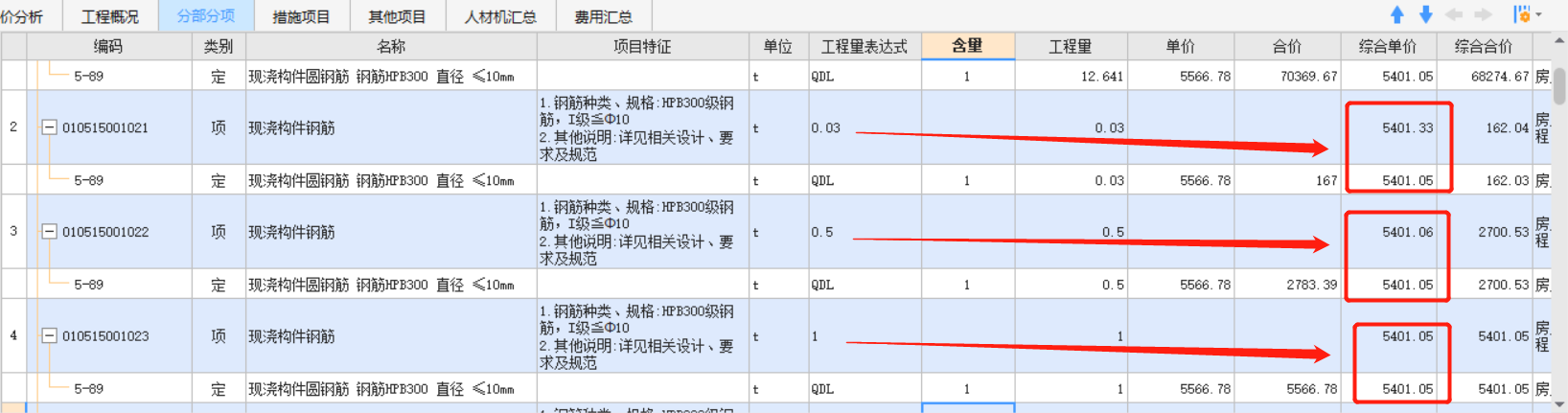 子目单价