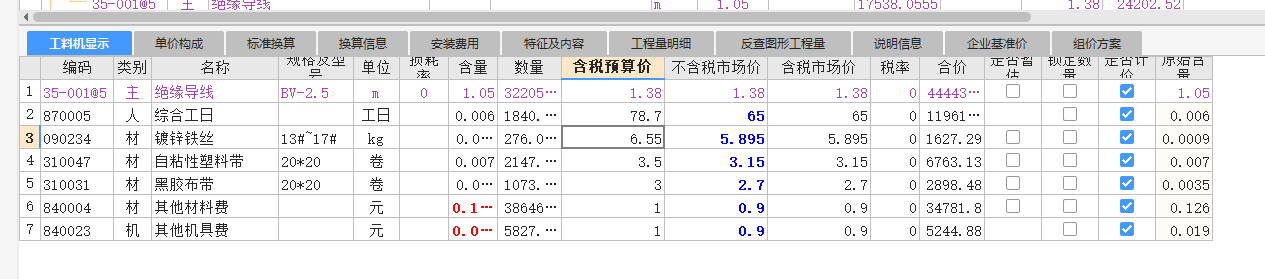 工料机表