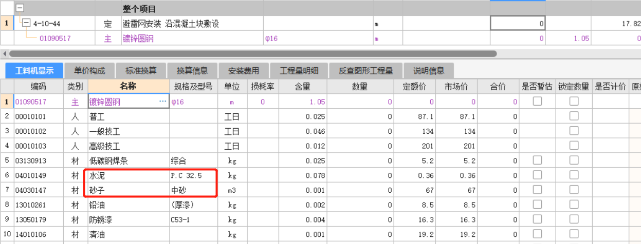 子目工料机